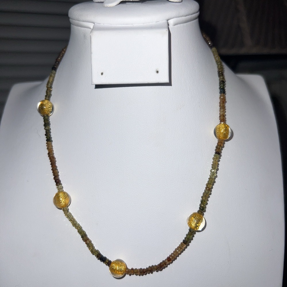 Chunky Brown Green Beaded Necklace Gold Foil Glass Stone Statement Jewelry